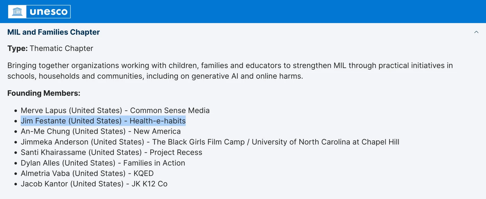 UNESCO’s MIL Alliance page listing the founding members of the MIL and Families Chapter, with Jim Festante, Health-e-Habits, highlighted